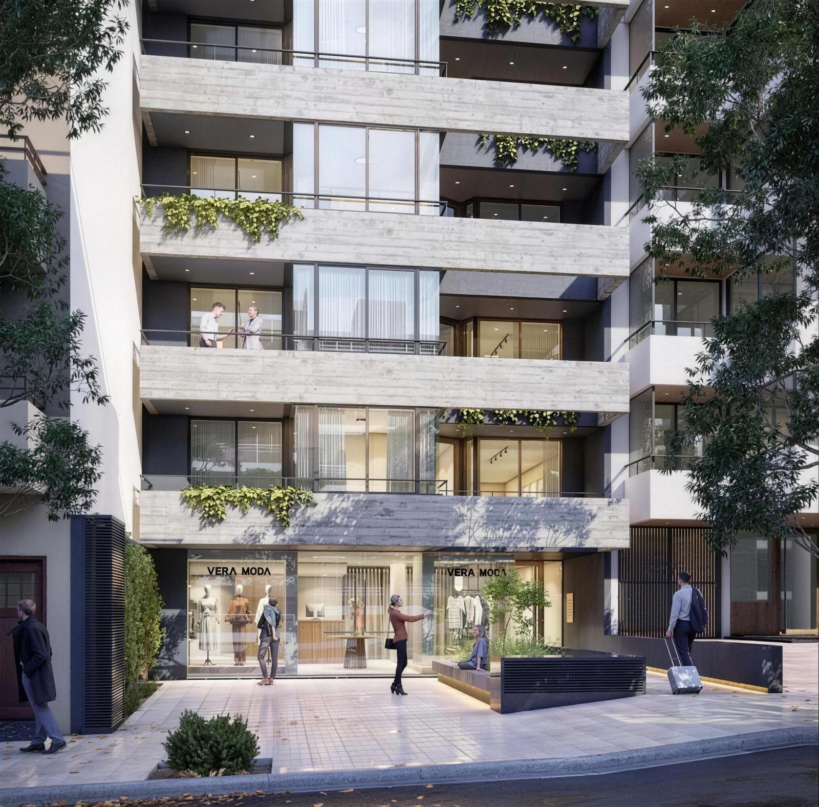 Ingreso de Torre MAPA 08 sobre calle Balcarce, con el local comercial en planta baja