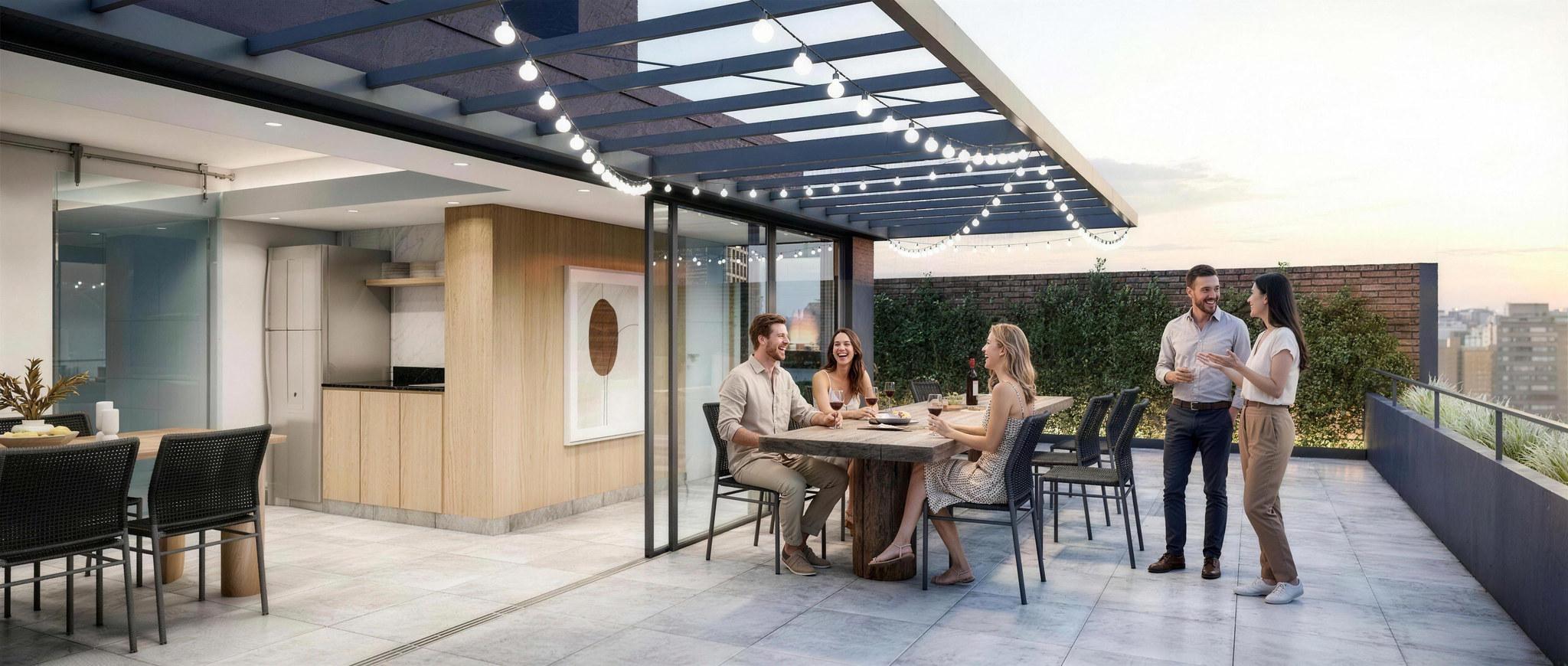 Terraza y quincho de Torre MAPA 08, con parrilleros, comedor al aire libre y vista a la ciudad